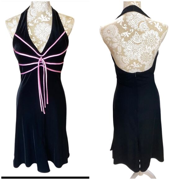 Vtg y2k Blondie Nites sz 11 Small soft flowy velour black pink midi halter dress - Picture 2 of 12